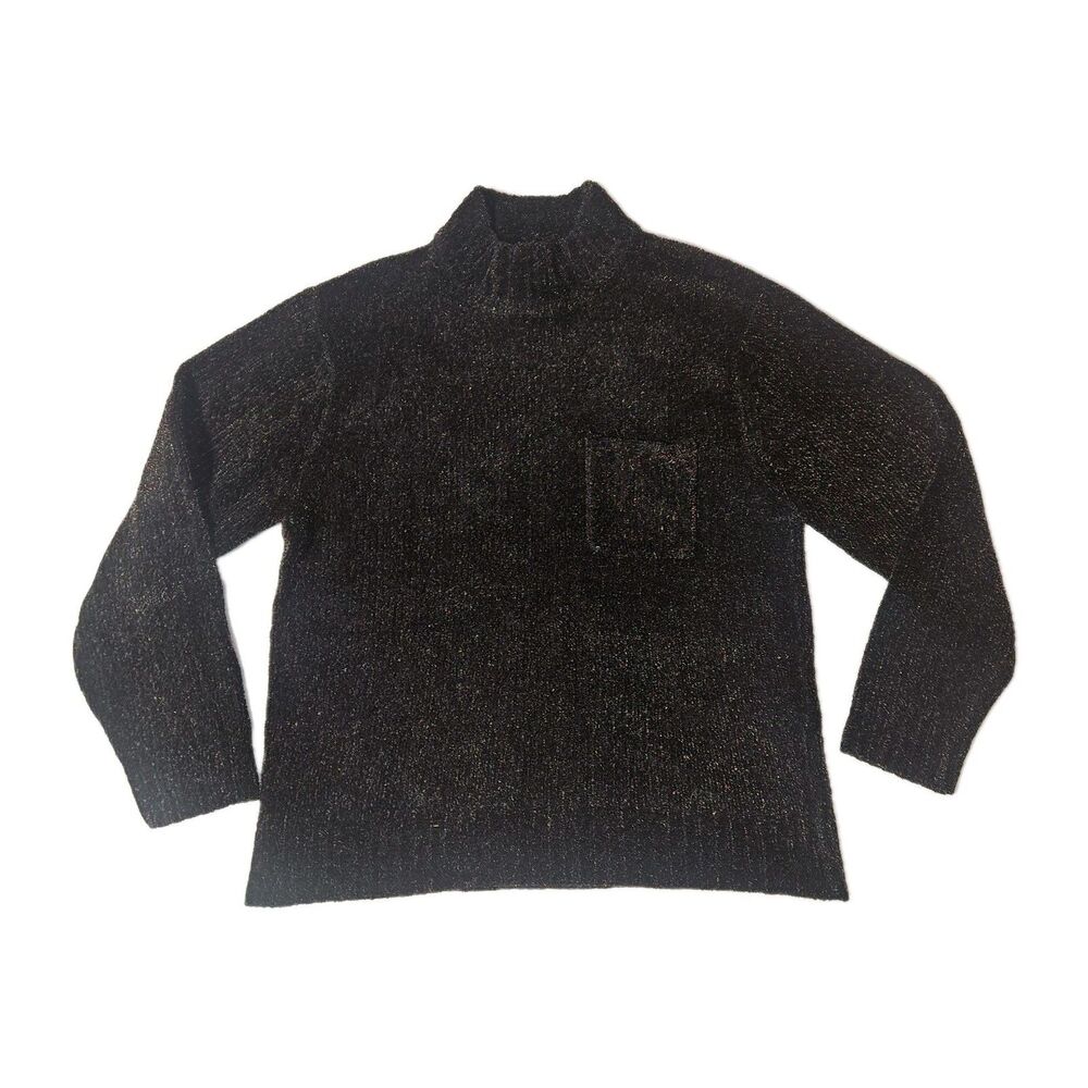 RAFAELLA Womens Sweater Med Black Multicolor Speckled Chenille Pocket Mock Neck